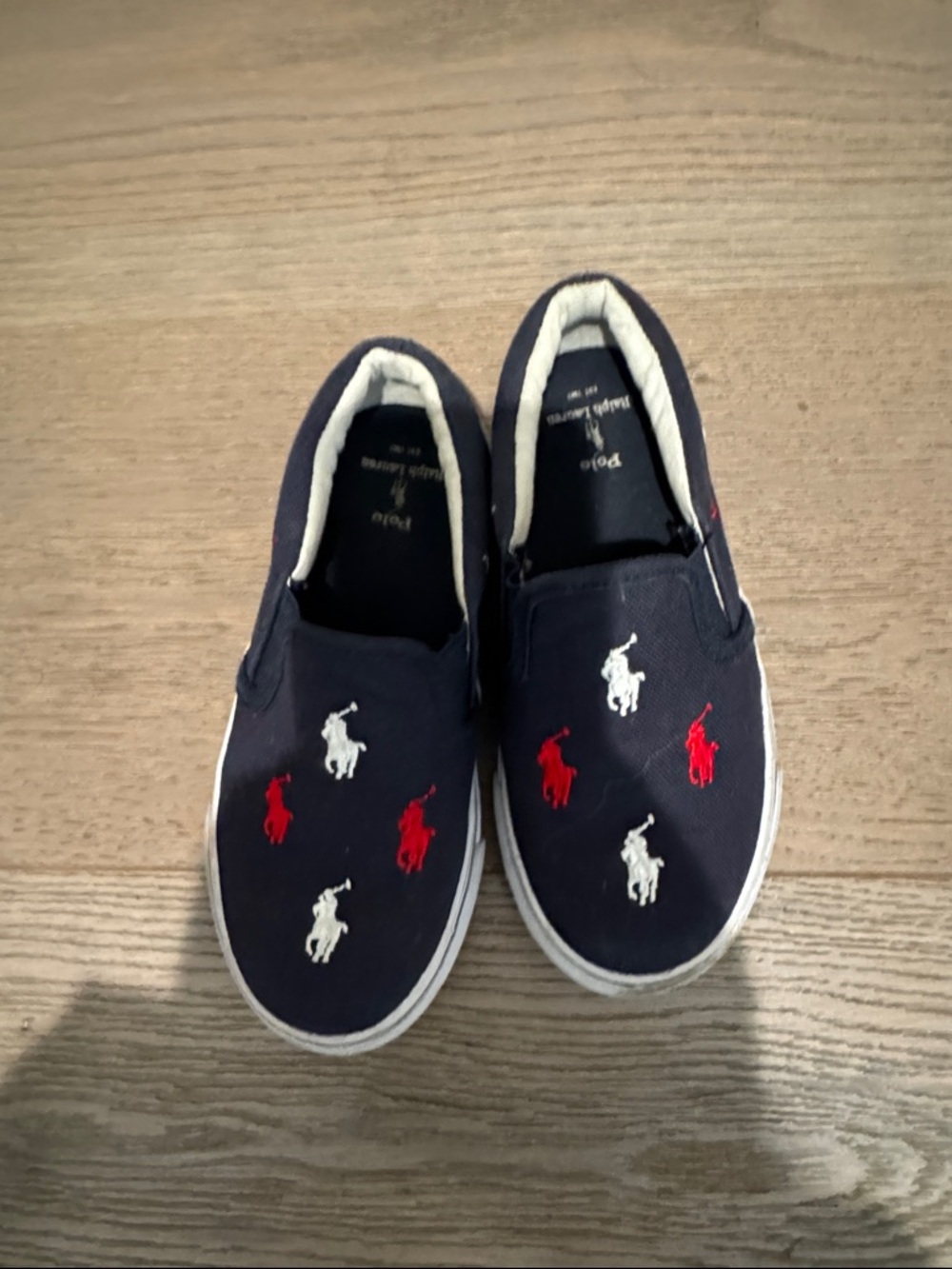 Ralph Lauren Navy Slip-On Kids Sneakers with Red & White Polo Embroidery us10